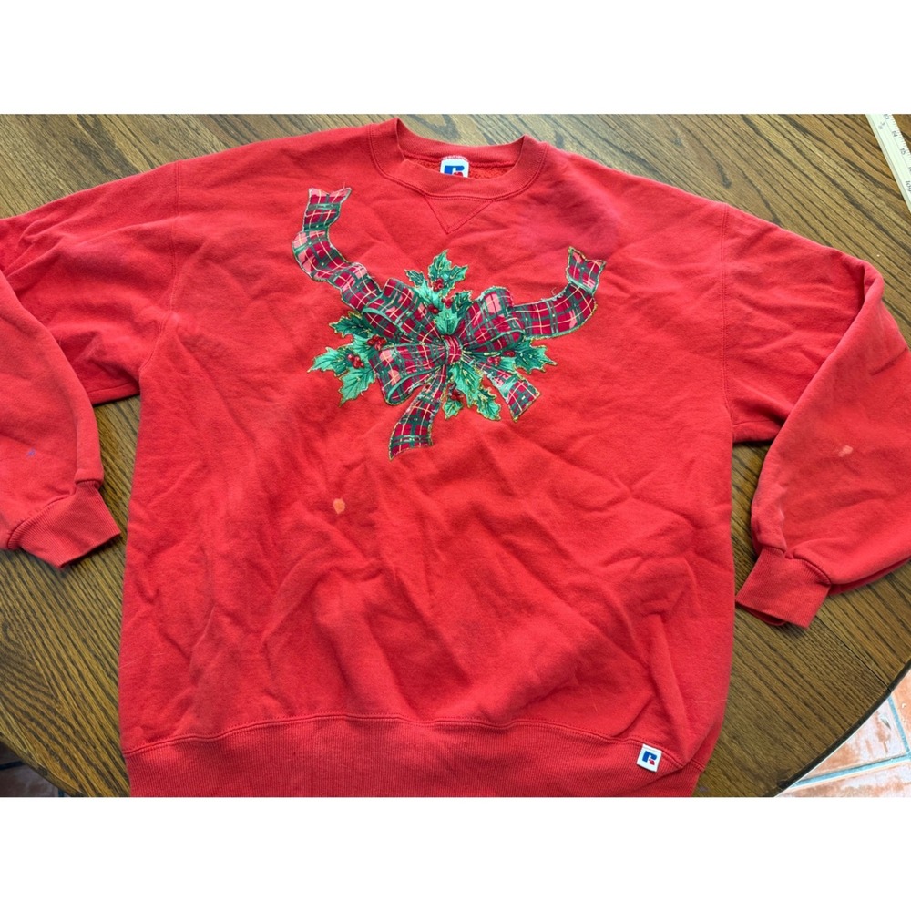 Vintage Russell Athletic Red Christmas Bow Sweatshirt XL Made in USA Holiday